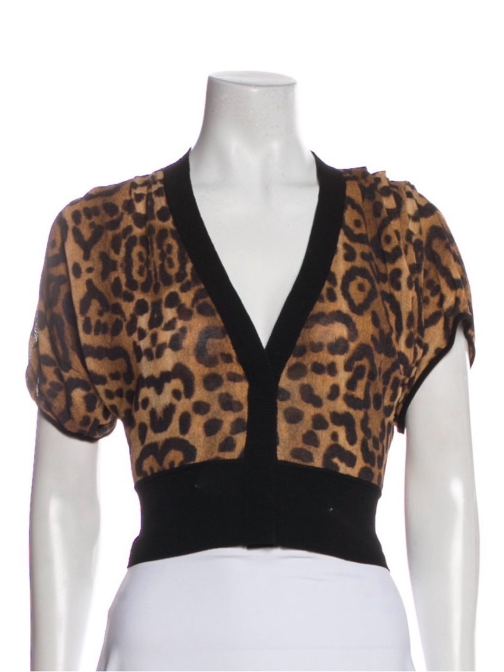 Leopard Print V-Neck Short Sleeve Sweater - Black & Brown